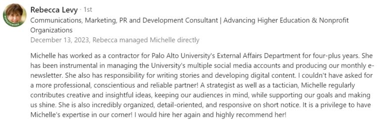 Recommendation from Rebecca Levy, Director of External Affairs at Palo Alto University